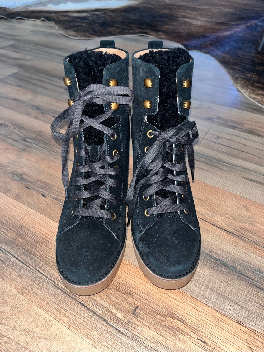 UGG Black Suede Lace-Up Shearling Ankle Boots with Platform Sole